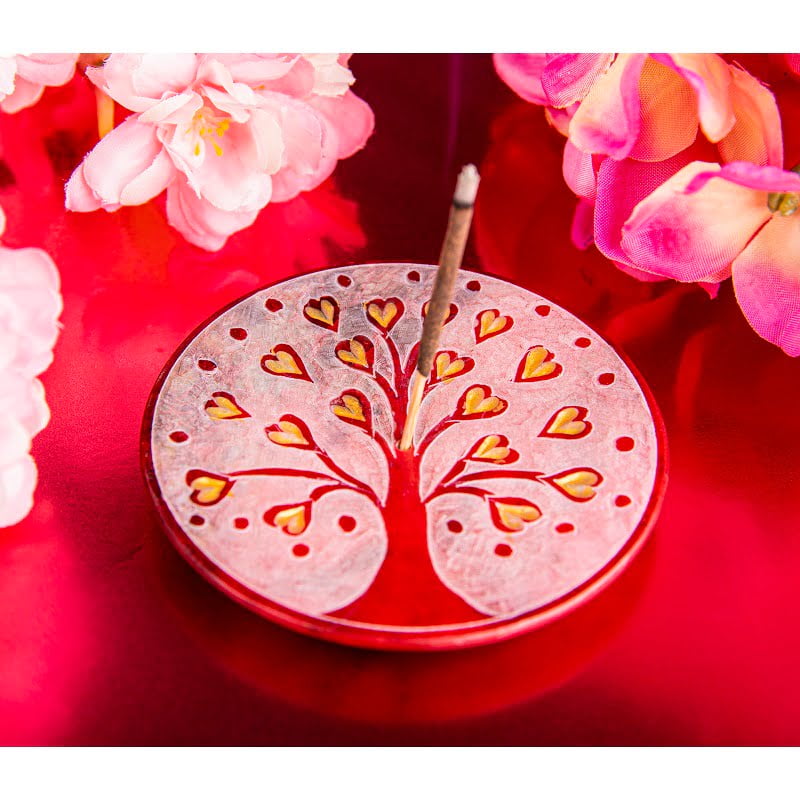 Wierookhouder speksteen Levensboom rood