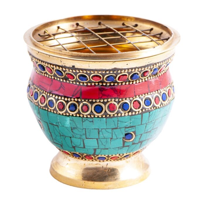 Wierookbrander met netje messing met stenen 7,5 cm